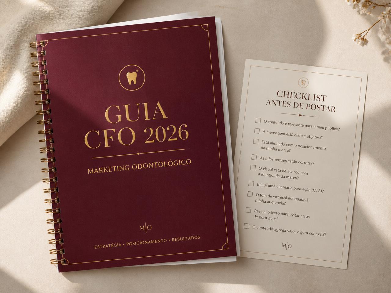 Apostila impressa Guia CFO 2026 ao lado do Checklist Antes de Postar